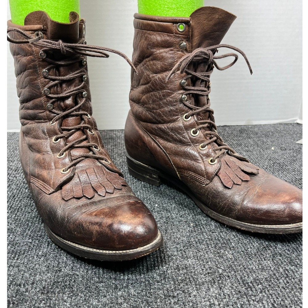 Justin Vintage Kiltie Lace Up Boot Men 8 Brown Leather Moto Fringe USA Made RARE